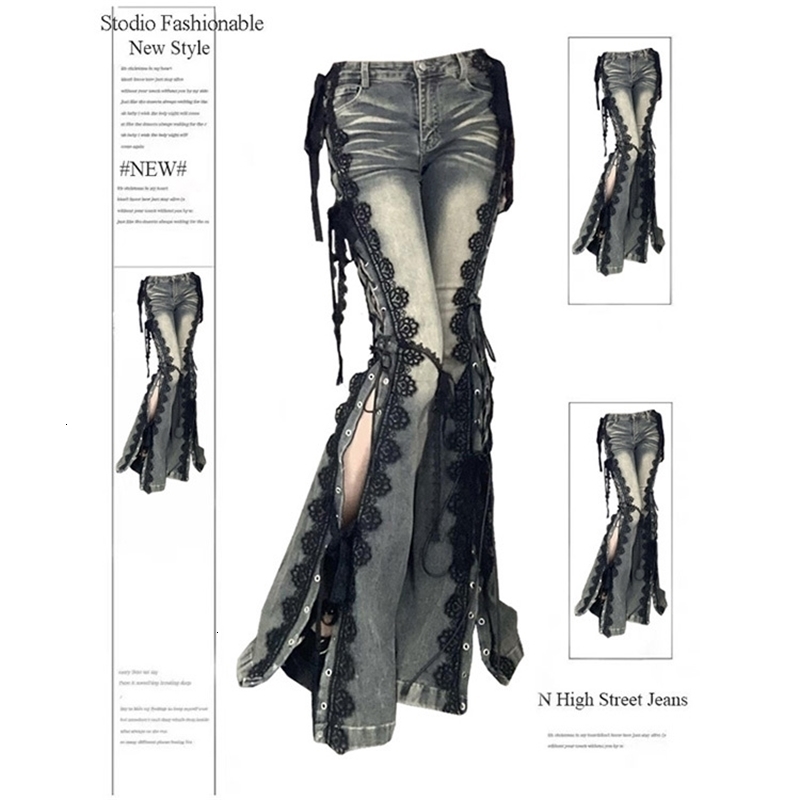 Low Rise Split Bootcut Pants Women Spring Eyelets Lace Up Flare Jeans Retro Stitch Slim Bell Bottoms Strtwear Z260313
