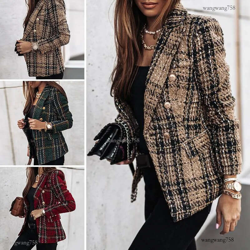 Women's Suits & Blazers Women 2021 Fashion Texture Double Breasted Check Blazer Coat Vintage Long Sleeve Pockets Female Outerwear