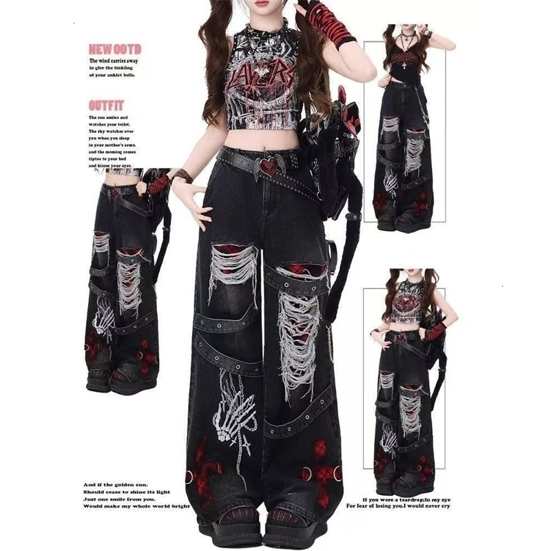 Y2K Red Gothic HipHop Hole Vintage Jeans Girl High Street Trend American Baggy Wash Overall Belt Splicing Woman Wideleg Pants Z260313