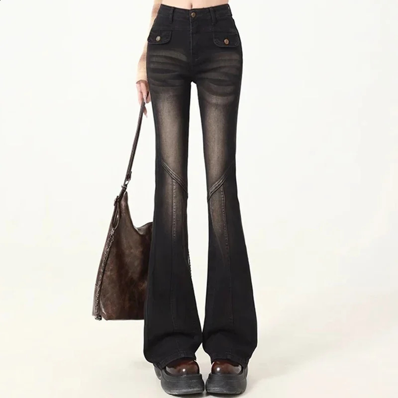 Woman High Waist Elastic Spliced Wide Leg Jeans Female Vintage Slim Pants Lady Blue Black Grey Denim Trousers Big Size Z260313