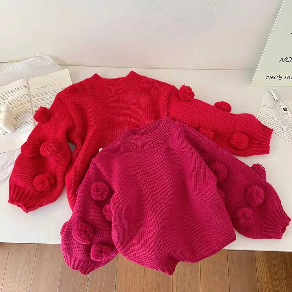 MILANCEL New Autumn Kids Sweater 27T Sweet Solid Color Hair Ball Decoration Girls Pullover Korean Loose Thin Children Tops M250825