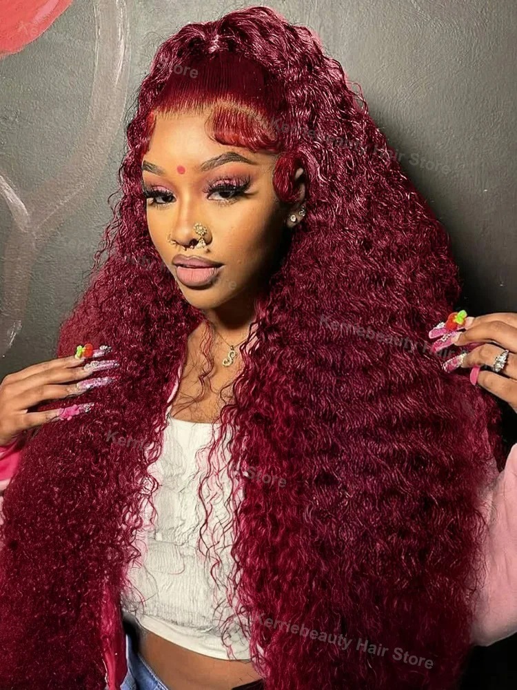 30 40 Inch Deep Wave Preplucked Hairline 13x6 Curly Human Hair Wig High Density Burgundy Water Wave Wig Gluelesss 13x4 HD Lace Frontal Wigs