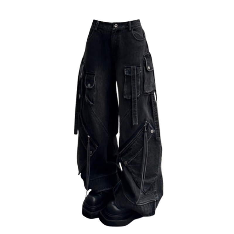 Womens Black Gothic Baggy Cargo Jeans Harajuku Oversize Denim Trousers Y2k 90s Vintage 2000s Emo Jean Pants Trashy Clothes Z260313
