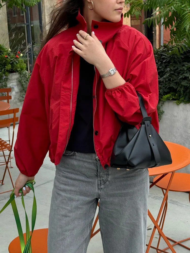 Y2K Turn Down Collar Zipper Coat Chic Red Long Sleeve Women Bomber Jacket Autumn Lady Single Breasted Outerwear Street 250825