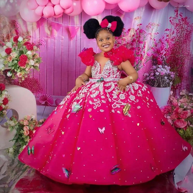 Girl Dresses Luxury Beading Flower Princess Pink Customized Ball Gown Baby Girls First Birthday Party Pageant Dress