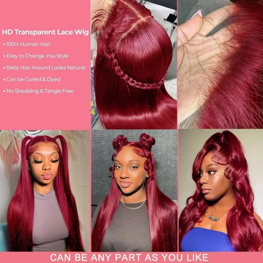 Burgundy Wine Lace Front Wig Hd Transparent Lace 13x6 HD Lace Frontal Wig Human Hair Gluelesss Pre Plucked Straight Red Colored Wig High Density Ready