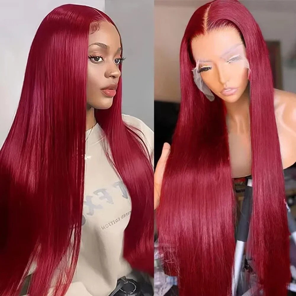 HD Lace Frontal Human Hair Wig Straight Red Pre-Cut Preplucked Hairline 13x4 Lace Front Human Hair Wigs For Women Gluelesss Wine Red Colored 200 High 