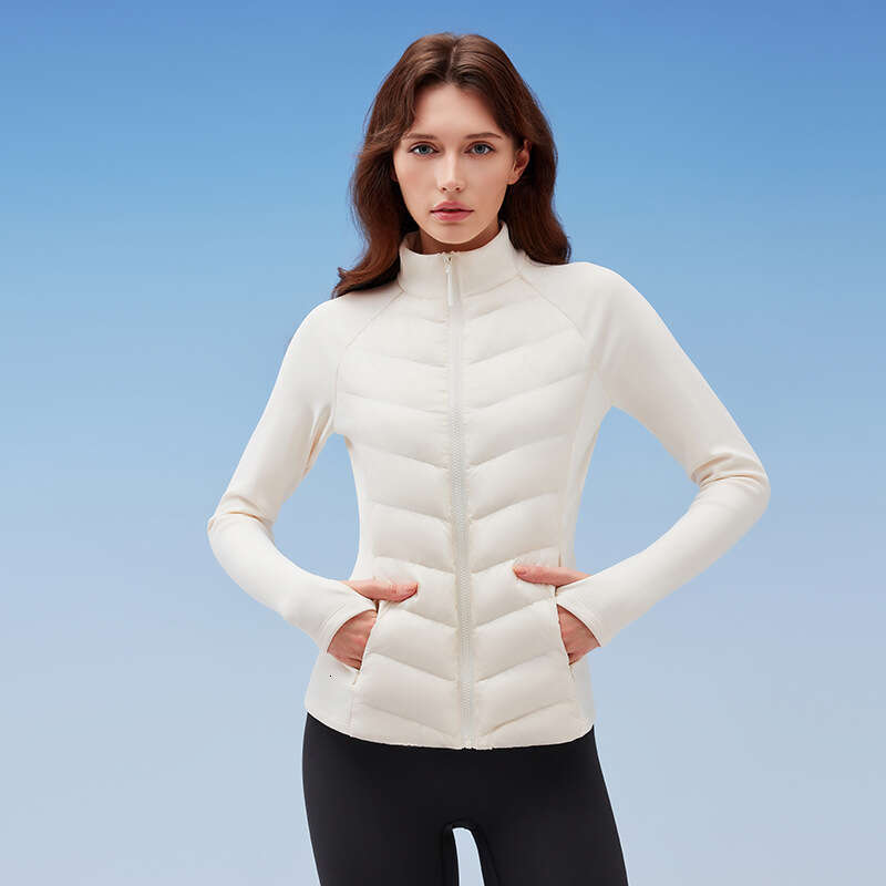 3-Proof Sports Down Jacket for Women, Outdoor Running, Windproof, Warm, Fitness Top, Lightweight, Slim Fit, Stand Collar, Ribbed Coat d9 01