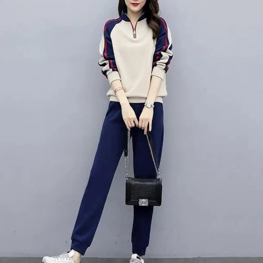 Women Stylish Suit Set Womens Color Matching Tracksuit Set with Stand Collar Sweatshirt Elastic Waist Pants for Fall Winter 2 250825