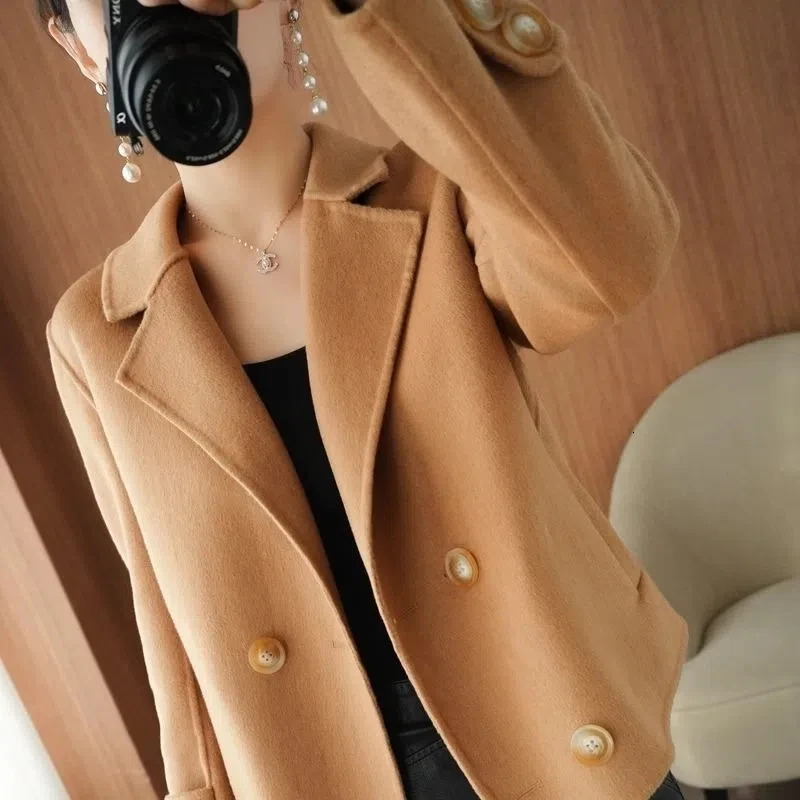 DoubleSided Wool Coat Womens Short HighEnd Casual Tweed Suit Jacket Blend Wool Coat Black Double Breasted Blazer Female 250825