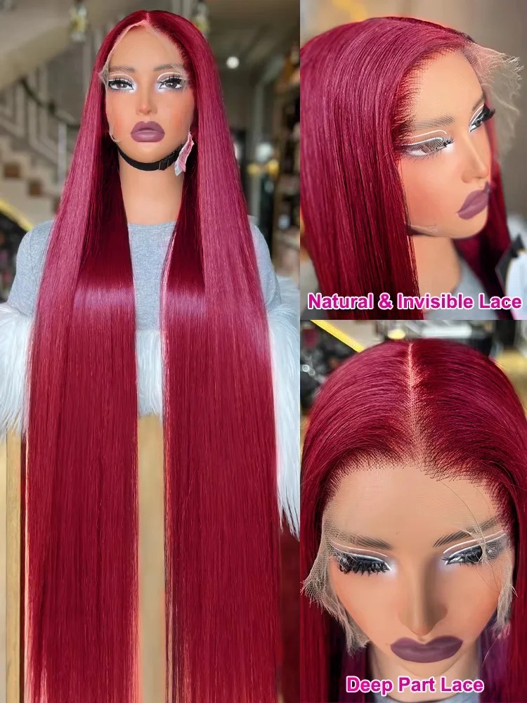 30 40 Inch Burgundy High Density Red Color Preplucked Hairline Wear And Go 13x6 HD Lace Frontal Human Hair Wigs Gluelesss Straight Lace Front Wig For 