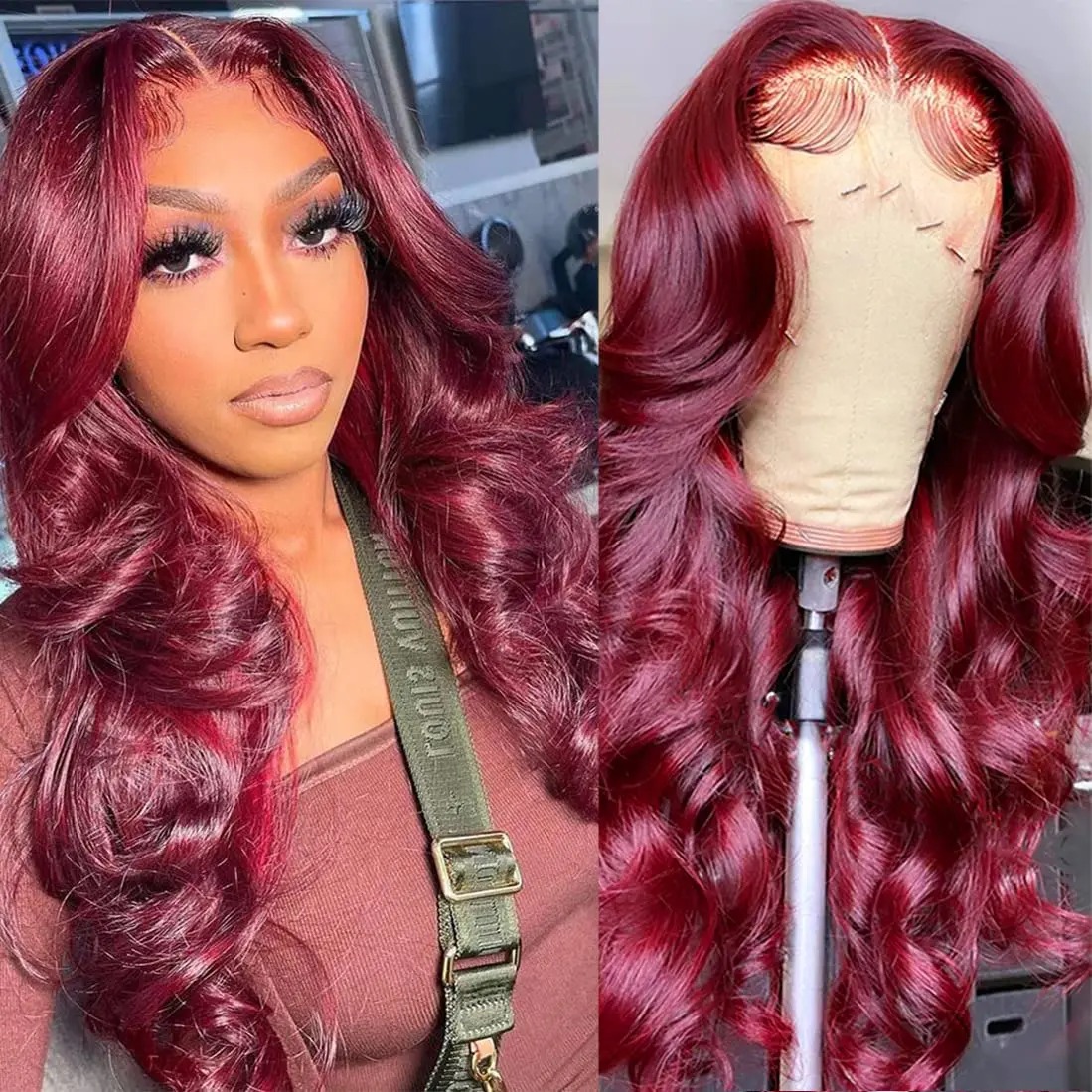 Burgundy Body Wave Transparent Gluelesss Pre-Cut 13x4 Lace Front Wigs Human Hair Hd Transparent Lace Dark Red Colored Human Hair Wigs Brazilian Remy W