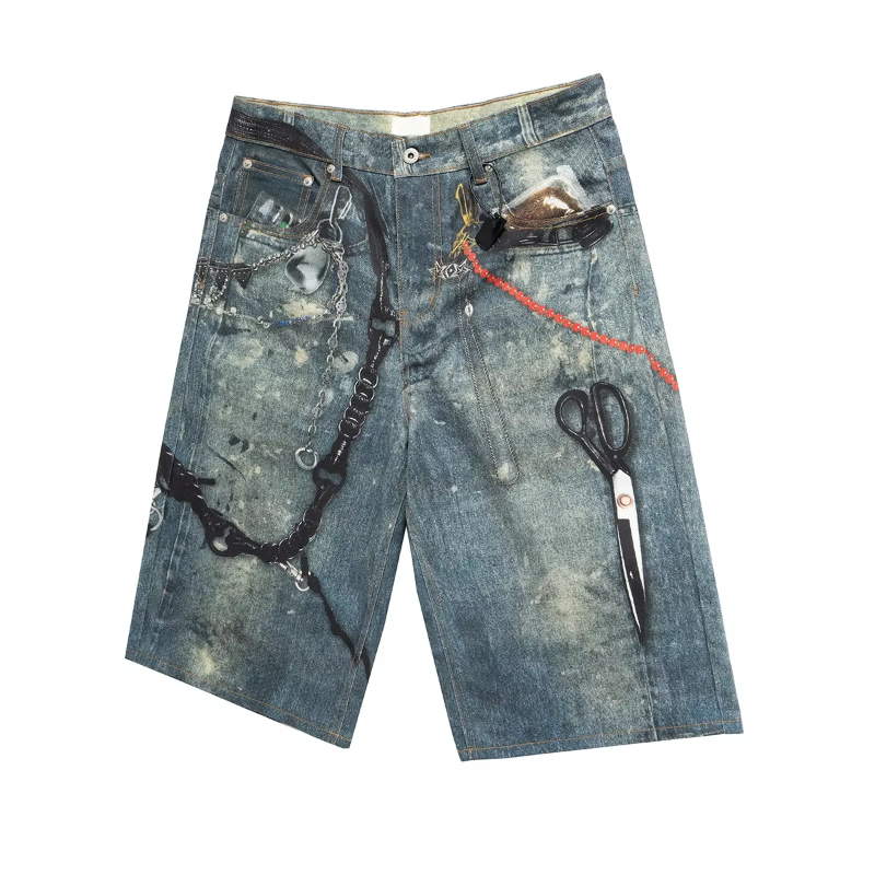 MIJKO Streetwear New Summer 3D Print Patchwork Baggy Jeans Shorts for Men Wide Leg Patchwork Casual Loose Knee Denim Trousres Oversize