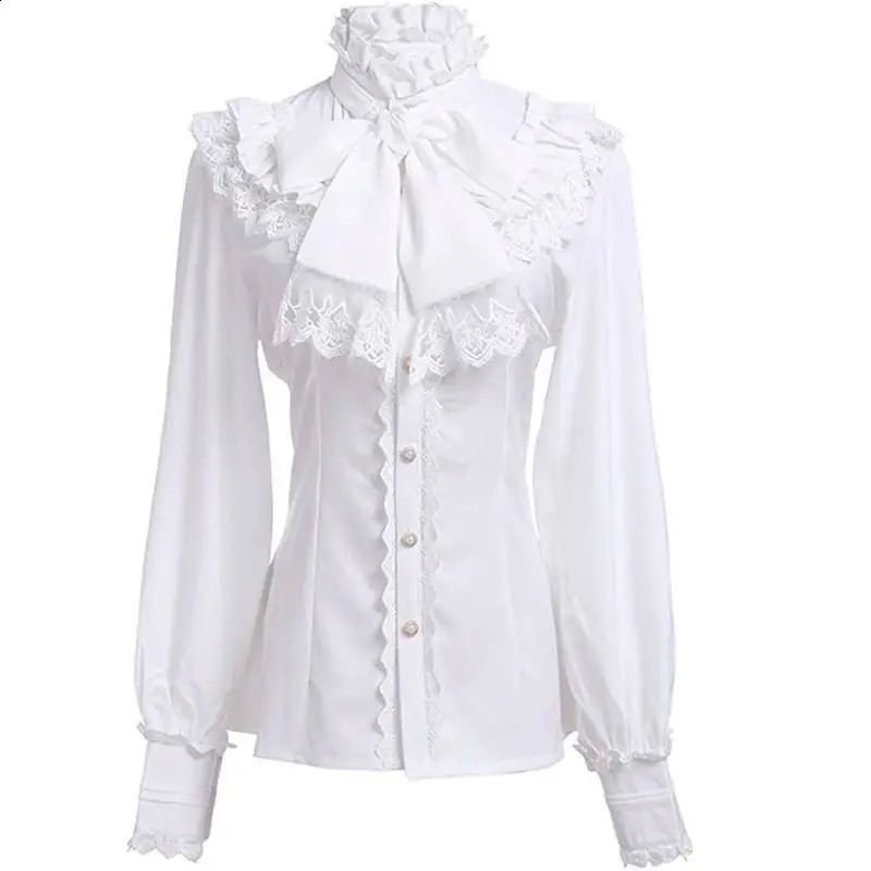 Spring Womens Shirt Medieval Prince Poet Frills Lace Up Stand Neck Vintage Gothic Blouse Cosplay Performance Tops 250823