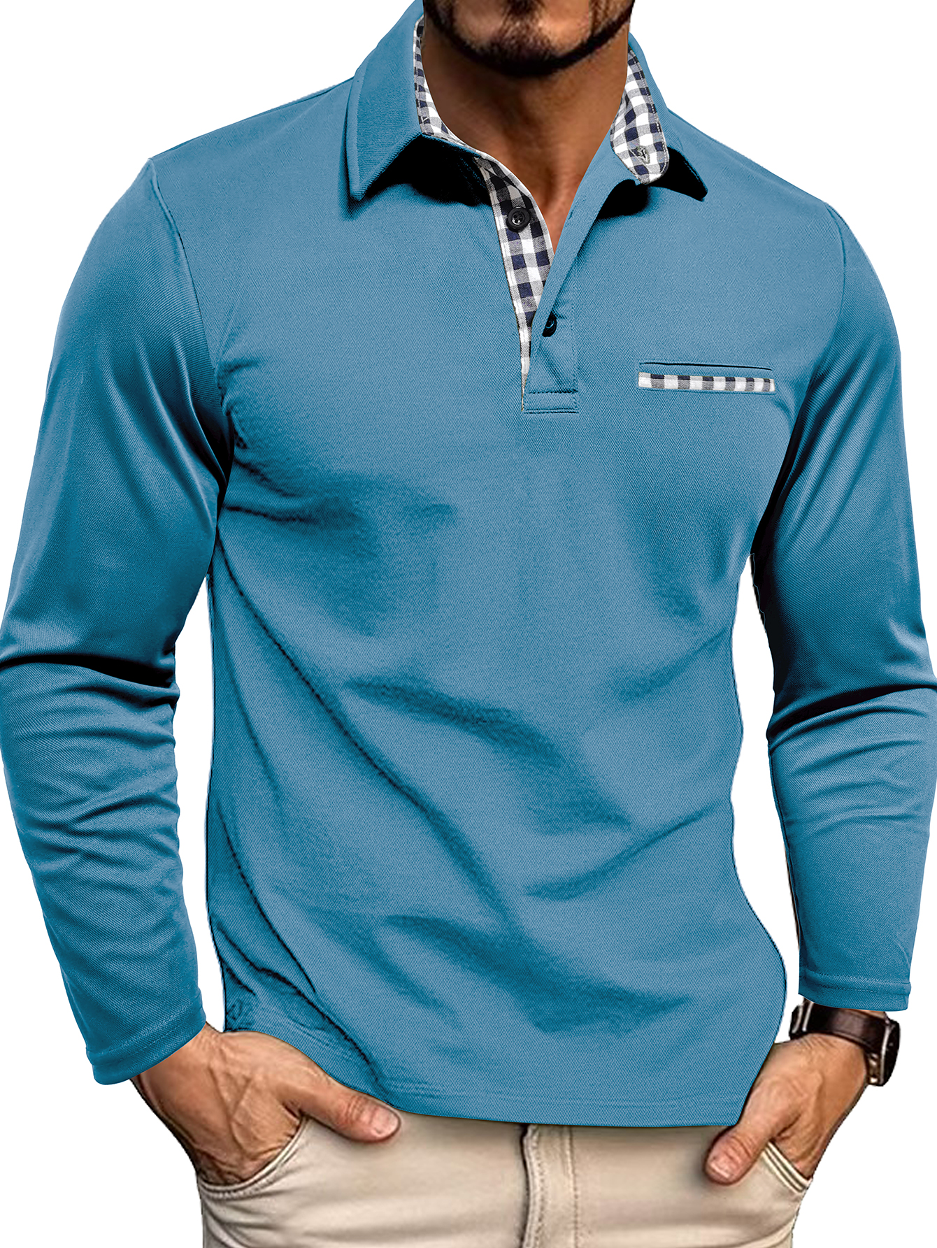 Men's Long - Sleeve Burgundy Polo Shirt with Checkered Inner Collar and Chest Pocket