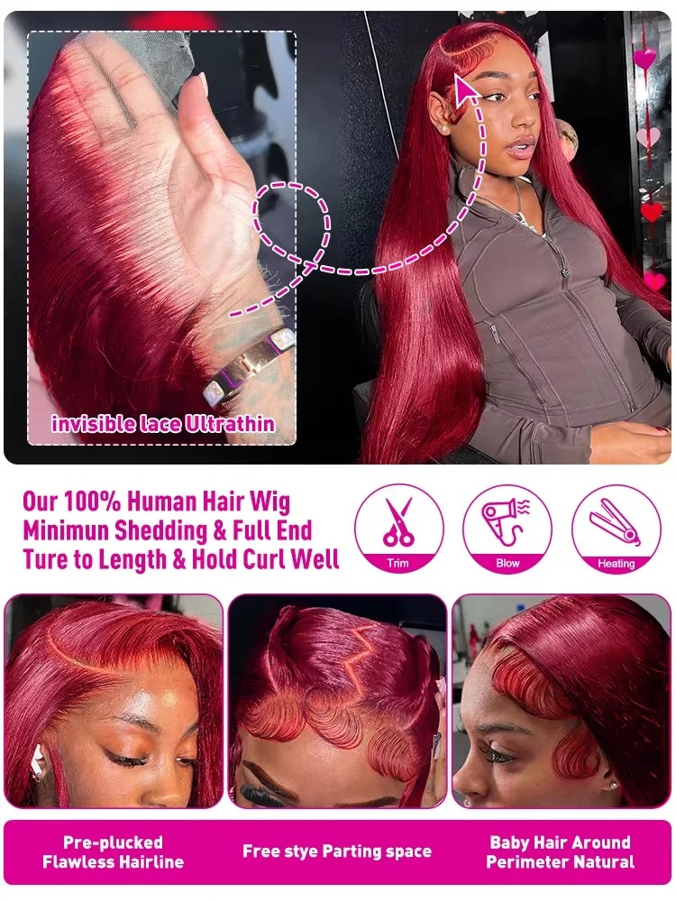 30 40 Inch Burgundy High Density Red Color Preplucked Hairline Wear And Go 13x6 HD Lace Frontal Human Hair Wigs Gluelesss Straight Lace Front Wig For 