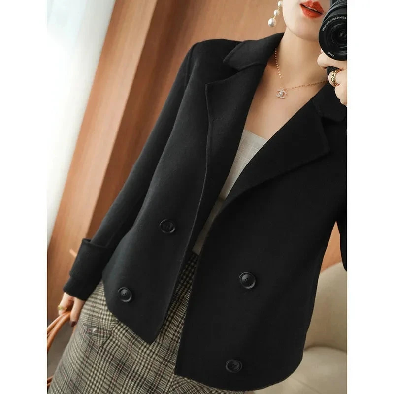 DoubleSided Wool Coat Womens Short HighEnd Casual Tweed Suit Jacket Blend Wool Coat Black Double Breasted Blazer Female 250825