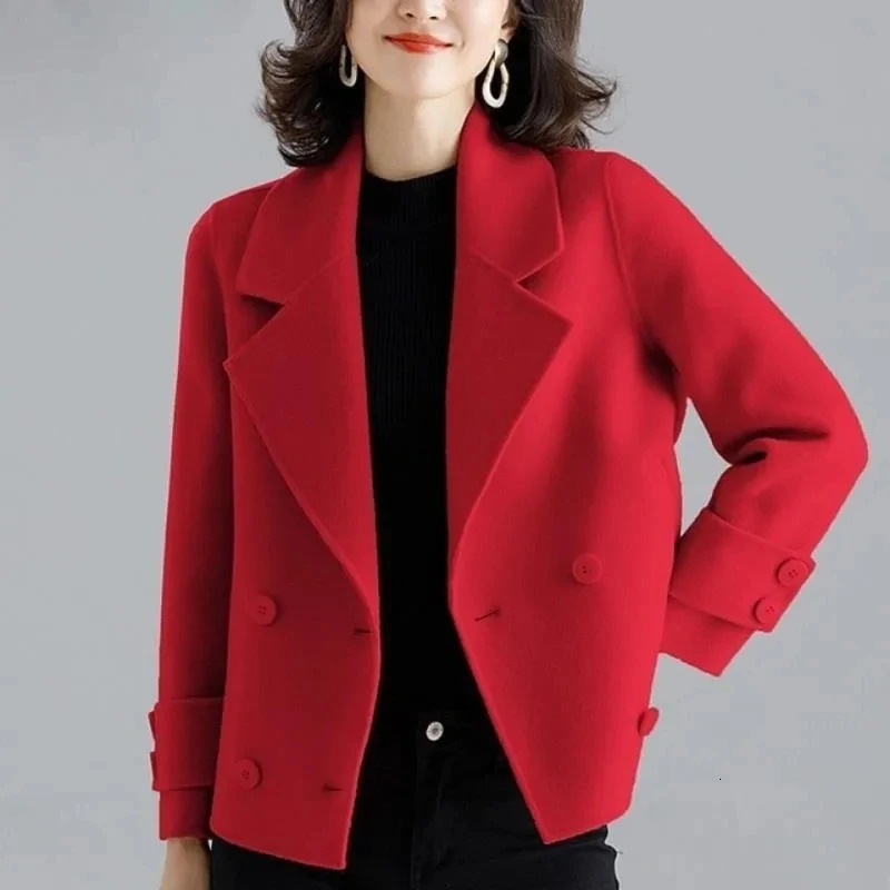 DoubleSided Wool Coat Womens Short HighEnd Casual Tweed Suit Jacket Blend Wool Coat Black Double Breasted Blazer Female 250825