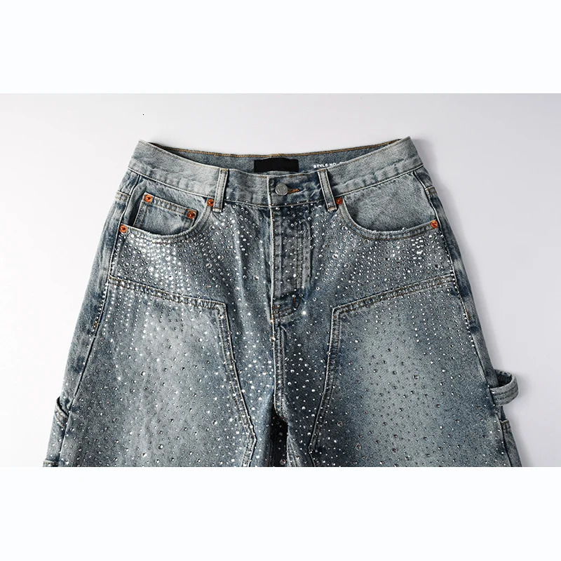 Mens High Street Distressed Washed Vintage Blue Rhinestones Ripped Jean Denim Short Pants 250825