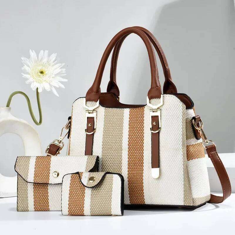 3 Piece Set Bag 2025 Summer New Large Handbag with Wallet Vertical Stripes Women's Shoulder Crossbody Bagsluxury bag tote bag