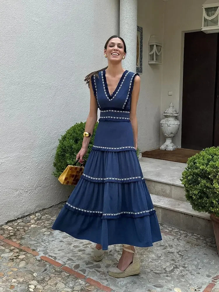 Women Vintage Chic Fringes Spliced Midi Ruffles Dress Fashion V Neck Sleeveless High Waist Robes Summer Lady Party Vestidos 250825