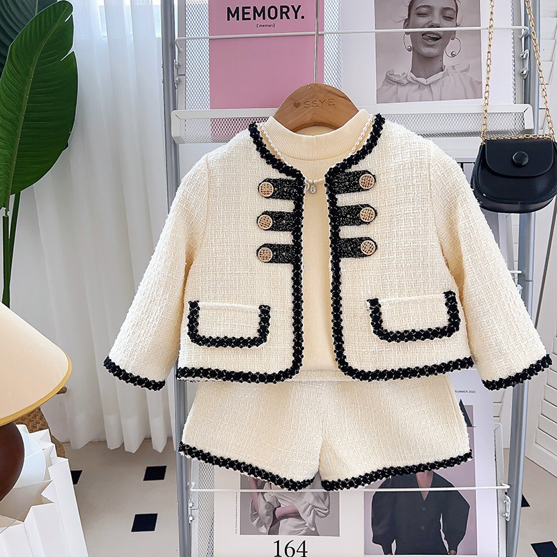 2025s New Girls' Spring Autumn Outfit Set Fashionable French Style Elegant Jacket & Pants Two Piece