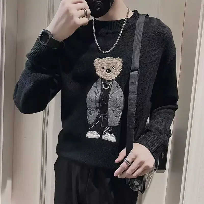 Winter Mens Knitted Sweater O-neck Bear Embroidery Casual Knitwear Inner Lap Pullovers Long Sleeve 2025 Vintage Sweater Jumpers Z250825