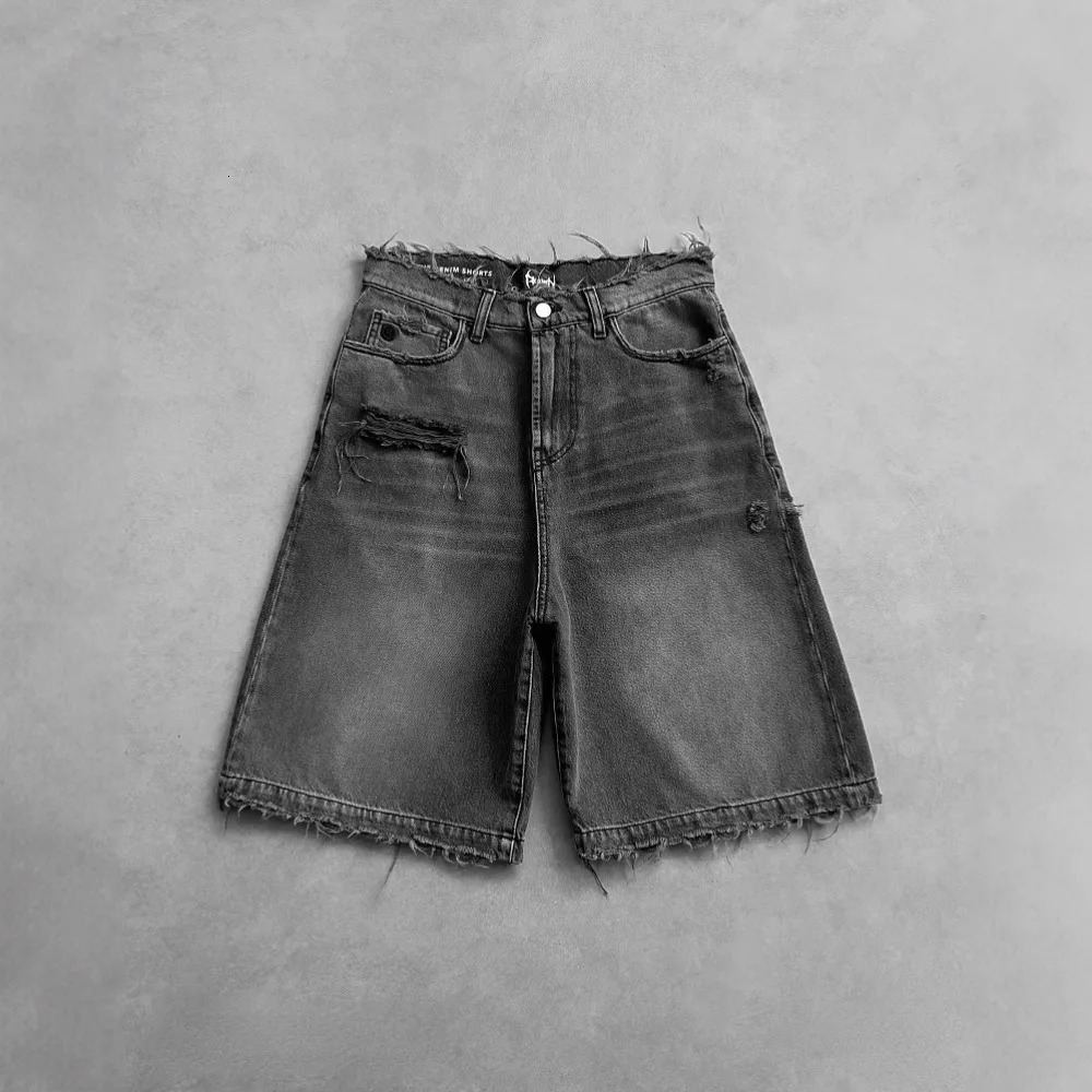 High Quality Black Punk Washed Denim Shorts Mens Summer Hip Hop Ripped Hole Raw Edge Jorts Y2k Retro Street Jean Shorts 250825