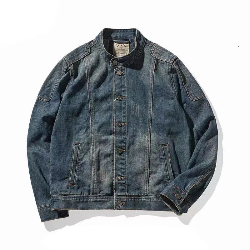 Denim Jacket Mens Vintage Buttons Spring Autumn Oversize Work Jackets Stand Collar Long Sleeves Single-breasted Cow Tops 250825