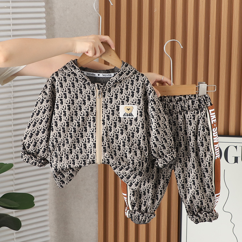 2025s New Kids Outfit Korean Style Boys Girls Hooded All-over Print Bear Jacquard Cardigan Jacket Casual Two Piece Set For Autumn Winter