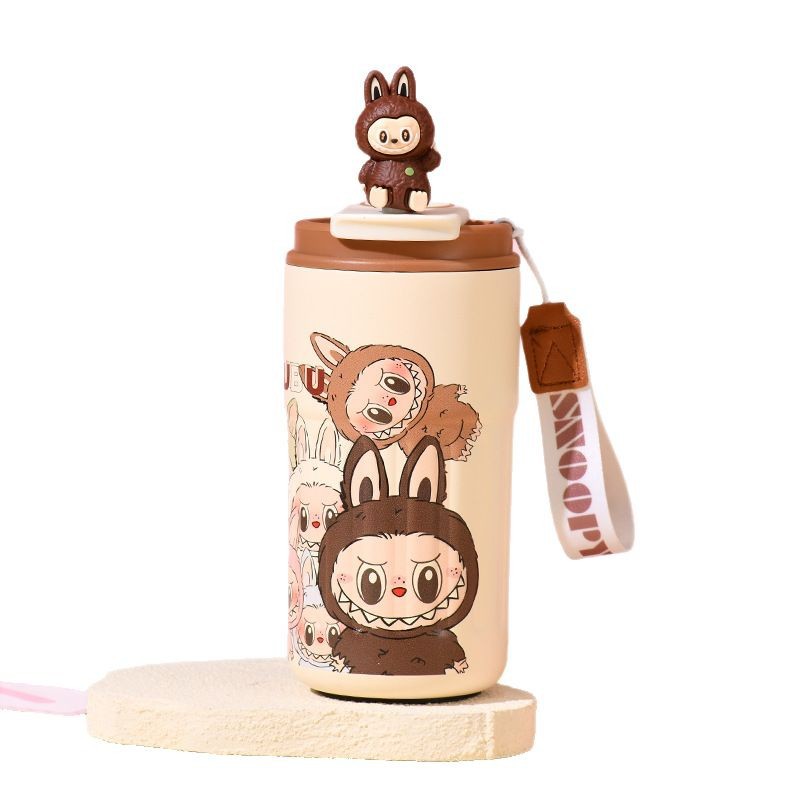 Designer Water Bottle Luxury Cartoon Girls Portable Double Wall Vacuum Coffee Cups Travel Mug Stainless SteelThermos Tumbler with Handle Black