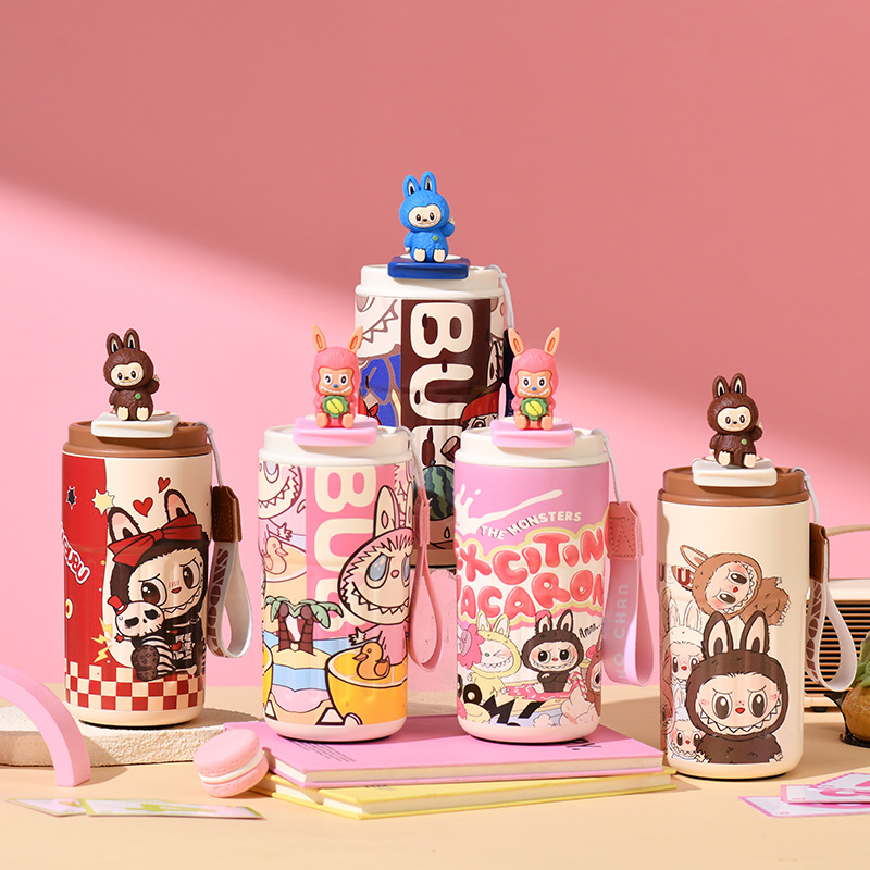 Designer Water Bottle Luxury Cartoon Girls Portable Double Wall Vacuum Coffee Cups Travel Mug Stainless SteelThermos Tumbler with Handle Black