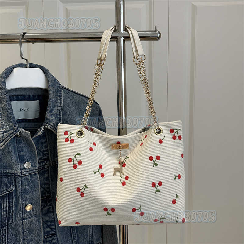 Trend Corduroy Underarm Bag for Women 2025 New Summer Cherry Print Artistic Tote Bag H250910
