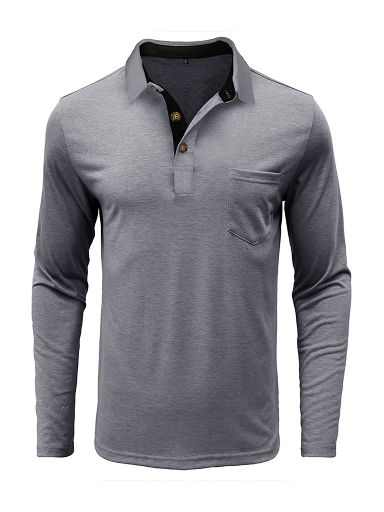 Men's Long - Sleeve White Polo Shirt with Contrast Inner Collar and Chest Pocket