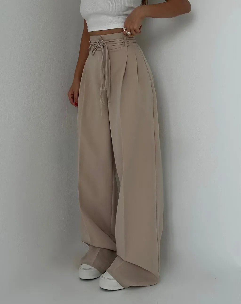Womens Fashionable and Casual High Waisted Lace Up Slim Straight Leg Pants 2025 Style 250825