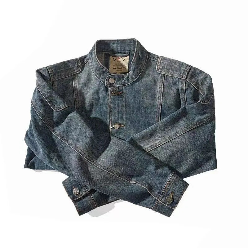 Denim Jacket Mens Vintage Buttons Spring Autumn Oversize Work Jackets Stand Collar Long Sleeves Single-breasted Cow Tops 250825