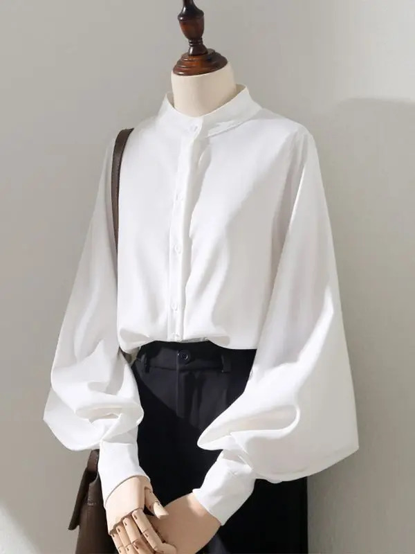 Spring Style Lantern Sleeve White Shirt Women Longsleeved Grinding Top Korean Style Loose Stand Collar Puff Sleeve Cardigan 250825