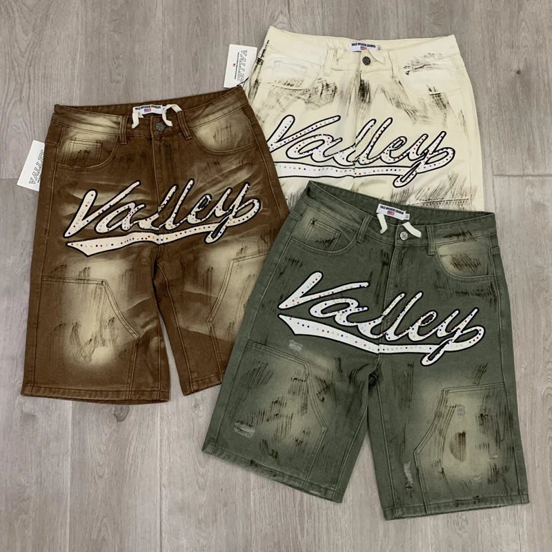 American High Street Summer Style VALLEY Jeans Fashion Hip-hop Streetwear Colored Drill Letter Mens Vale Denim Shorts 250825