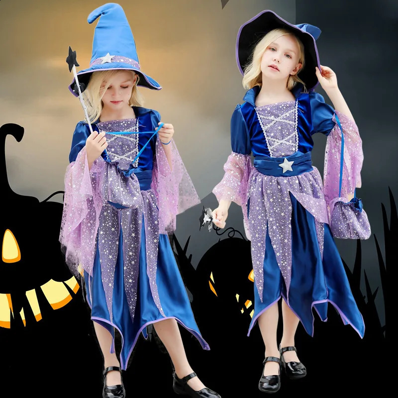 Halloween Party Costumes Witch Dress for Girls Kids Cosplay Carnival Witch Costume Pumpkin Dress Up With Bag Hat Wand Clothing 250823