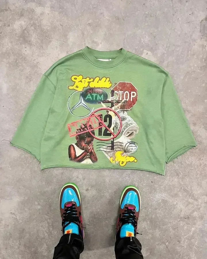 Y2K Harajuku Hip Hop Character Graphic Printed Seven Quarter Sleeves Tops Gothic Retro Dark Green T Shirt Mens Womens Clothing 250825