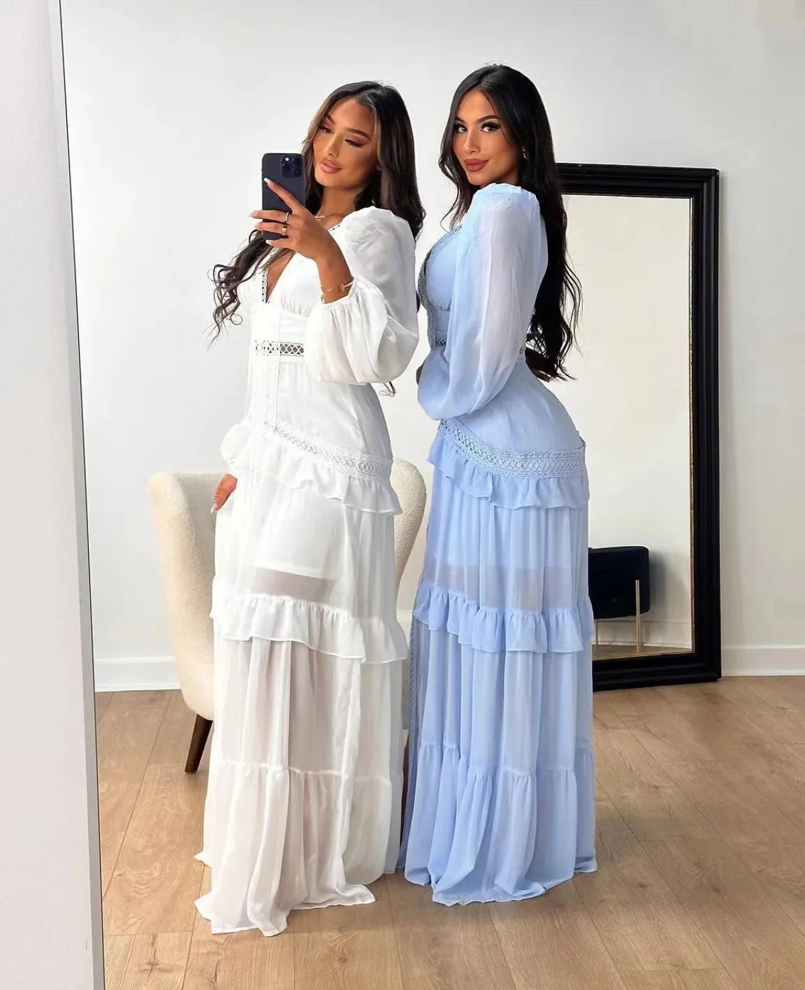 Elegant Womens Long Dress With Sleeves Ruffles Hollow Out Evening Dresses Party Chic Robe Green Blue Purple Holiday Summer 250825