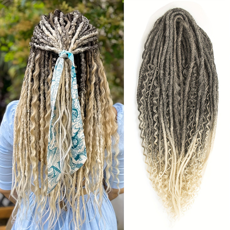 Boho Box Braids Double Tail Curly Three-Strand Braid Gray Dreadlock Wigs j26