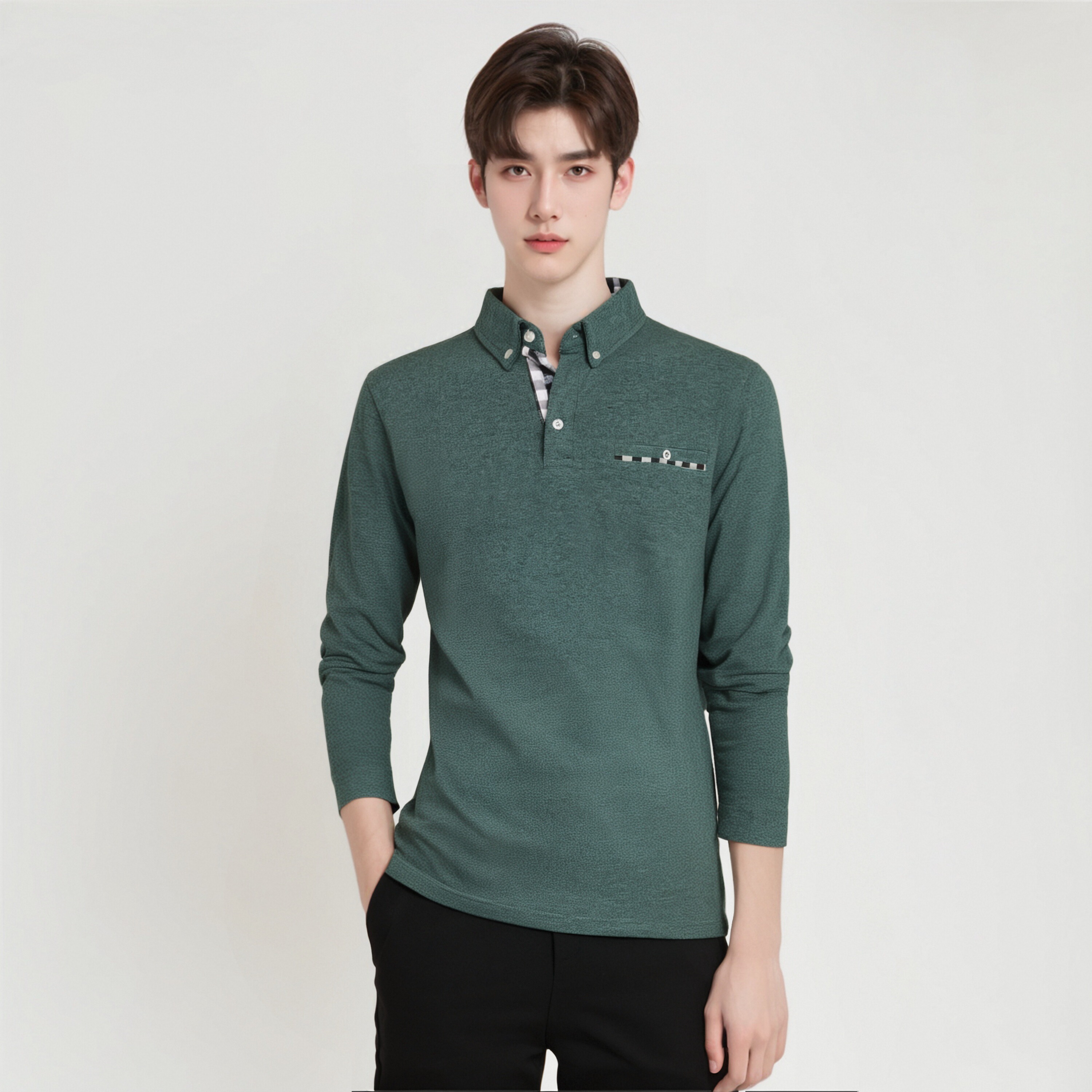 Men's Long - Sleeve Green Polo Shirt with Checkered Inner Collar and Chest Pocket Detail