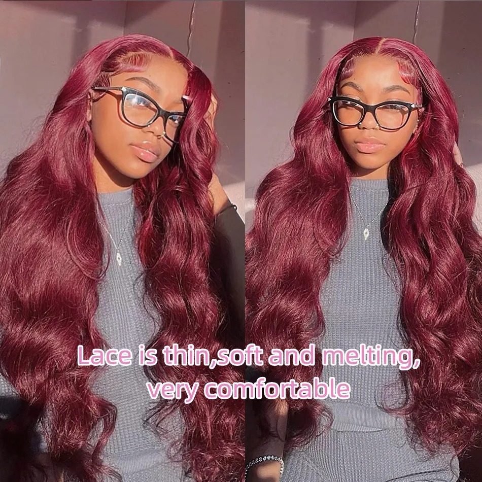 Burgundy Body Wave Transparent Gluelesss Pre-Cut 13x4 Lace Front Wigs Human Hair Hd Transparent Lace Dark Red Colored Human Hair Wigs Brazilian Remy W