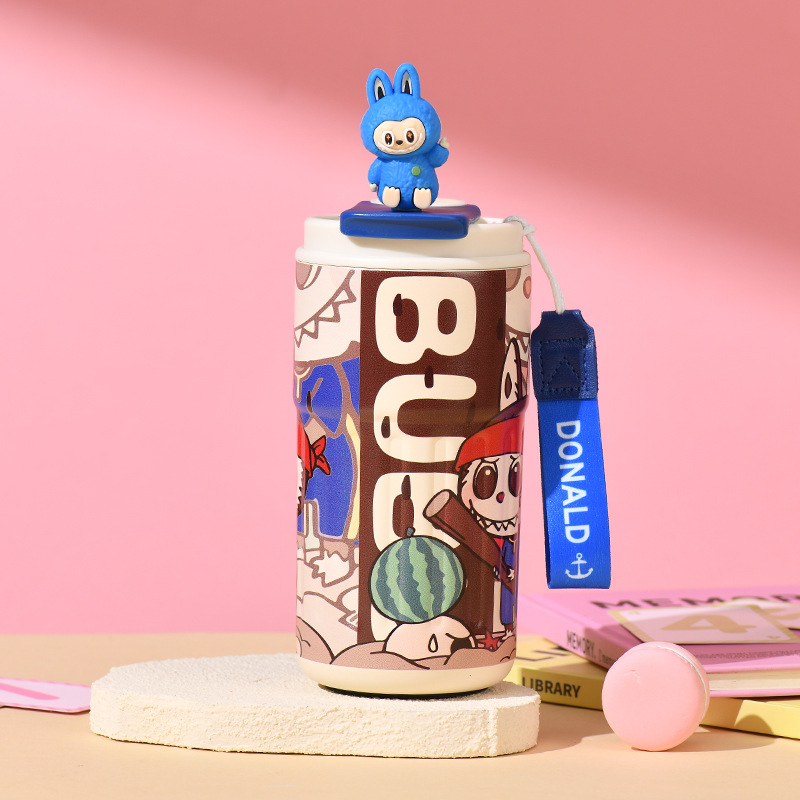 Designer Water Bottle Luxury Cartoon Girls Portable Double Wall Vacuum Coffee Cups Travel Mug Stainless SteelThermos Tumbler with Handle Black