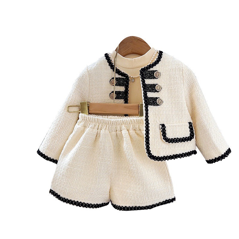 2025s New Girls' Spring Autumn Outfit Set Fashionable French Style Elegant Jacket & Pants Two Piece