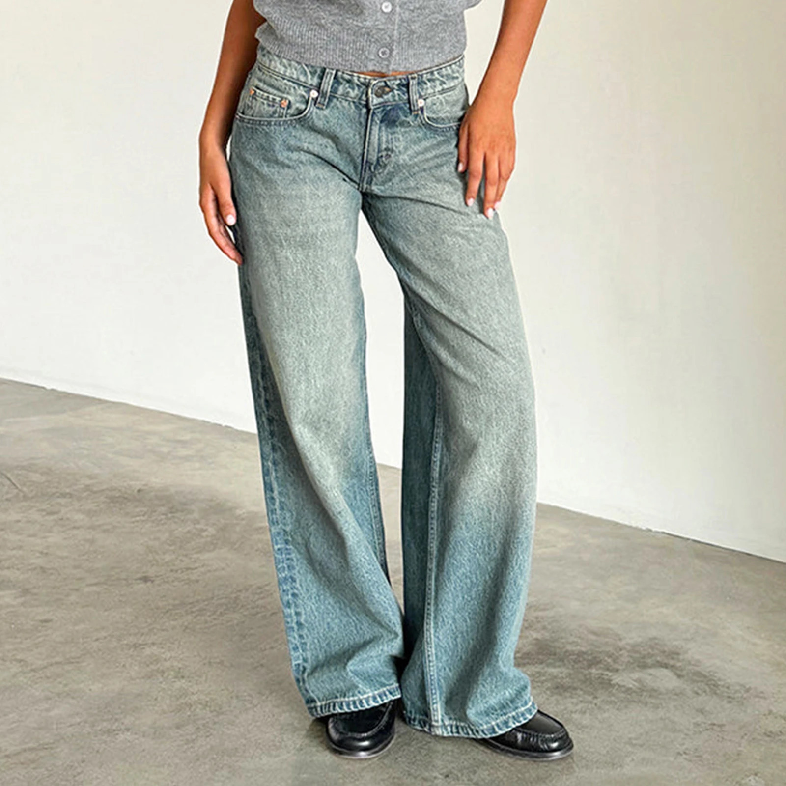Women Y2k Low Rise Baggy Jeans Loose Fit Boyfriend Straight Wide Leg Jeans Trendy Stretch Long Denim Pants for Daily Streetwear 250825