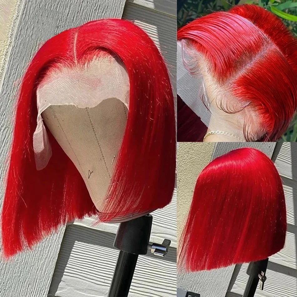 Hot Red Bob Wig High Density 13x4 Lace Front Human Hair Wigs For Women Brazilian Bone Gluelesss Straight Red Colored Lace Frontal Wigs 10 12 14 Inch R