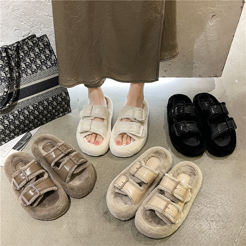Hot free shipping dsigner slippers for womens flat slippers brown black beige khaki New autumn and winter fashion leather buckle plush cotton mop