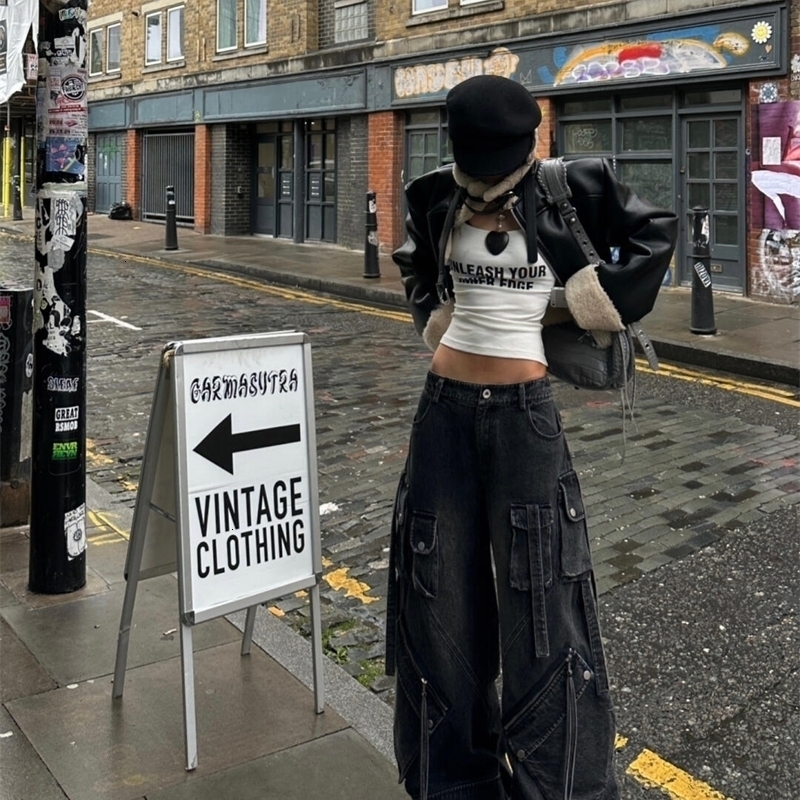 Womens Black Gothic Baggy Cargo Jeans Harajuku Oversize Denim Trousers Y2k 90s Vintage 2000s Emo Jean Pants Trashy Clothes Z260313